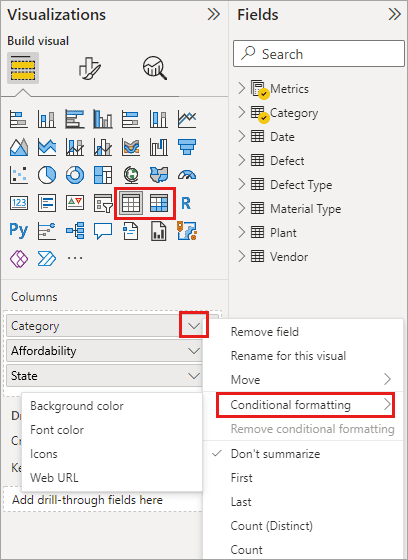 Chọn trực quan hóa Table hoặc Matrix trong Power BI Desktop