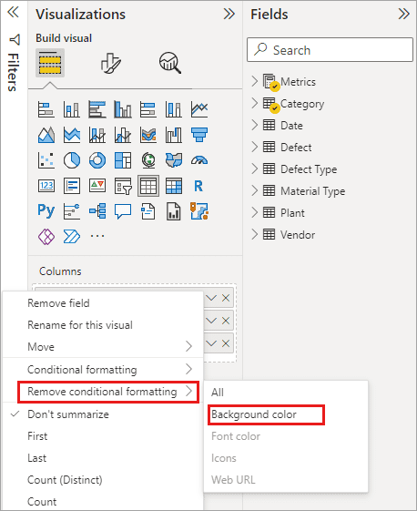 Chọn Remove conditional formatting khỏi menu thả xuống của field rồi chọn loại định dạng cần xóa để xóa định dạng trong Power BI