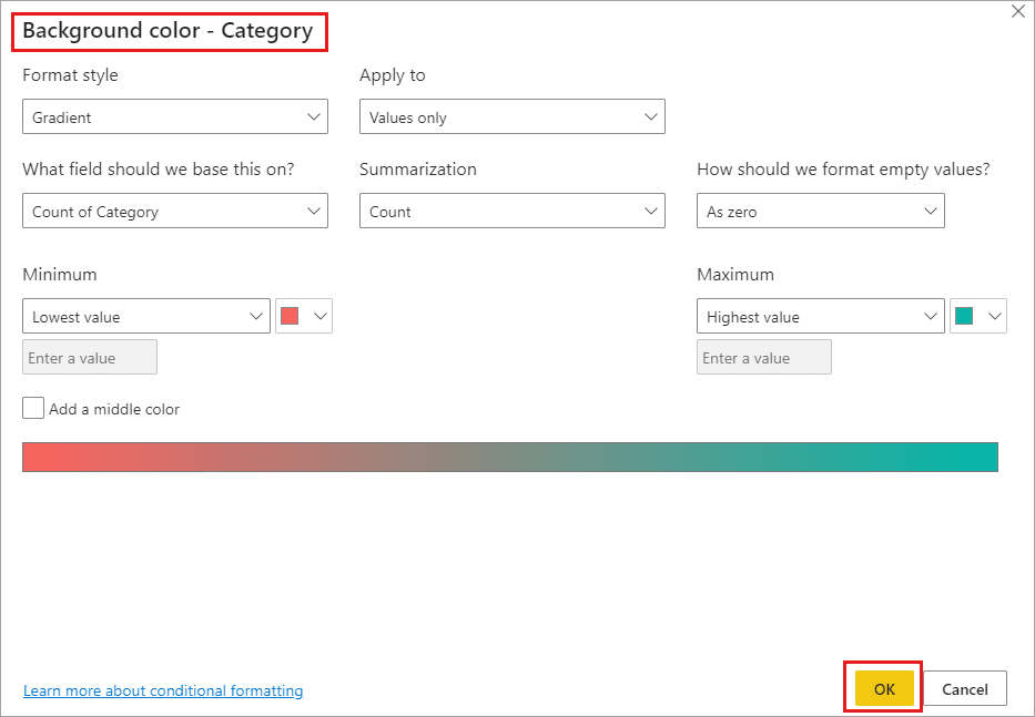 Hộp thoại Background color hoặc Font color mở ra với tên của trường bạn đang định dạng trong Power BI