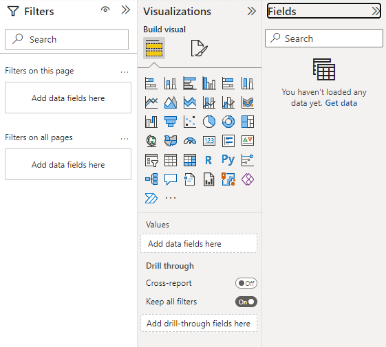 Các cửa sổ Fields, Visualizations và Filters