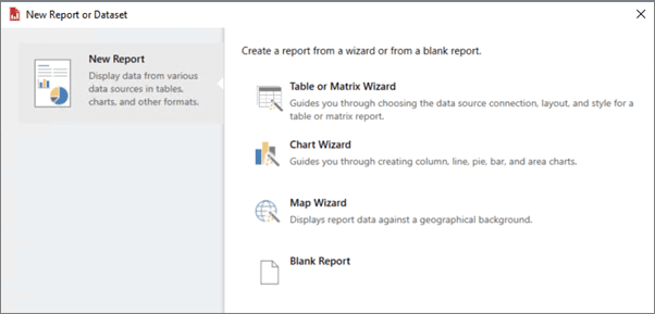 Sau khi được cài đặt, Trình tạo báo cáo sẽ mở ra màn hình Báo cáo (New Report) mới hoặc Tập dữ liệu (Dataset screen)