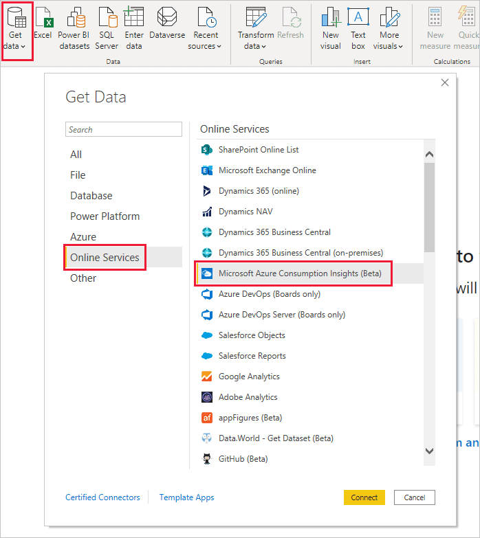 Tạo hình ảnh và báo cáo bằng trình kết nối Azure Cost Management trong Power BI desktop