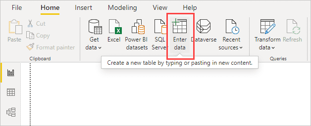 Chọn  Enter data từ Home nhập dữ liệu trực tiếp vào Power BI Desktop