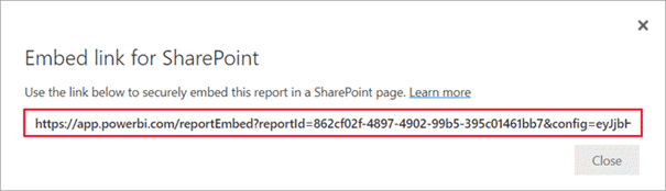 Sao chép URL của báo cáo từ hộp thoại trong Power BI Embedded