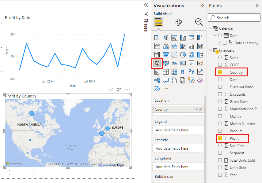 Power BI tạo một bản đồ trực quan với các bong bóng