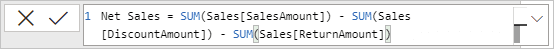 Nhập khoảng trắng, toán tử trừ, dấu cách, một hàm SUM khác với Sales[ReturnAmount] làm đối số, sau đó nhập dấu ngoặc đơn đóng