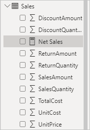 Thước đo Net Sales trong bảng Sales