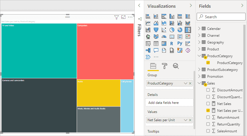 Chọn trường Product Category hoặc kéo nó vào sơ đồ cây hoặc trường Group của ngăn Visualizations.