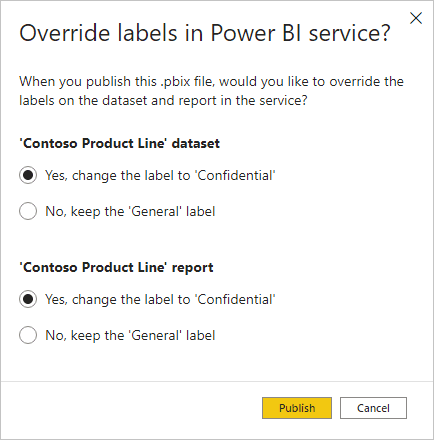 Hộp thoại nhắn nhở nếu Power BI Service ghi đè có nhãn dán nhạy cảm khi xuất bản lại hoặc thay thế tập dữ liệu đã xuất bản từ Power BI Desktop