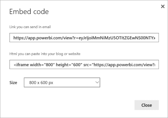 Hộp thoại Embedded xuất hiện khi bạn đã tạo nhúng và chọn xuất bản lên web từ Power BI