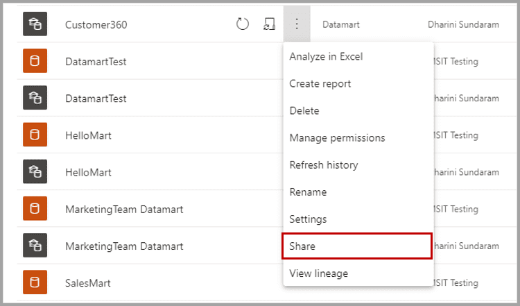 Chọn Share để chia sẻ trong truy vấn trên datamart