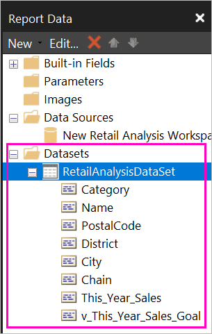 Tập dữ liệu mới trong mục Datasets và khung Report Data để tạo tập dữ liệu với query (truy vấn) khi đưa dữ liệu vào Power BI Report Builder