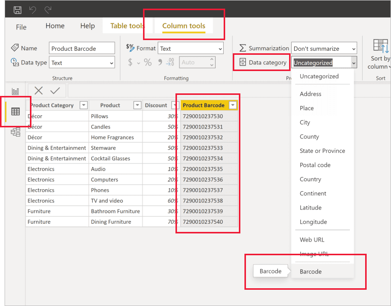 Phân loại dữ liệu mã vạch trong Power BI Desktop