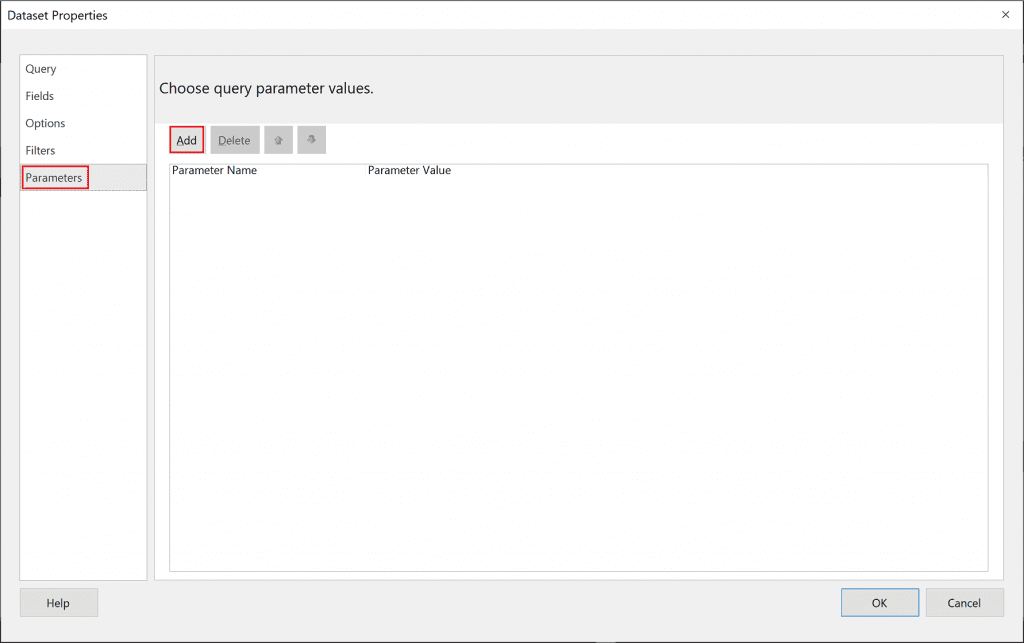 Trong cửa sổ Dataset Properties, chọn Parameters, sau đó chọn Add