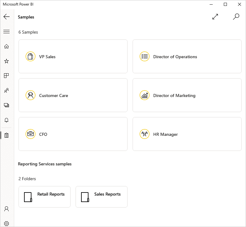 Sáu dashboard mẫu có sẵn trong Power BI cho Windows